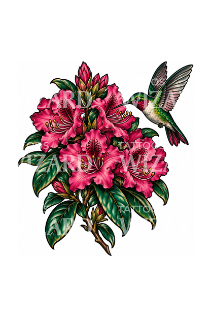 Neo Traditional Tattoo mit Rhododendron und Kolibri