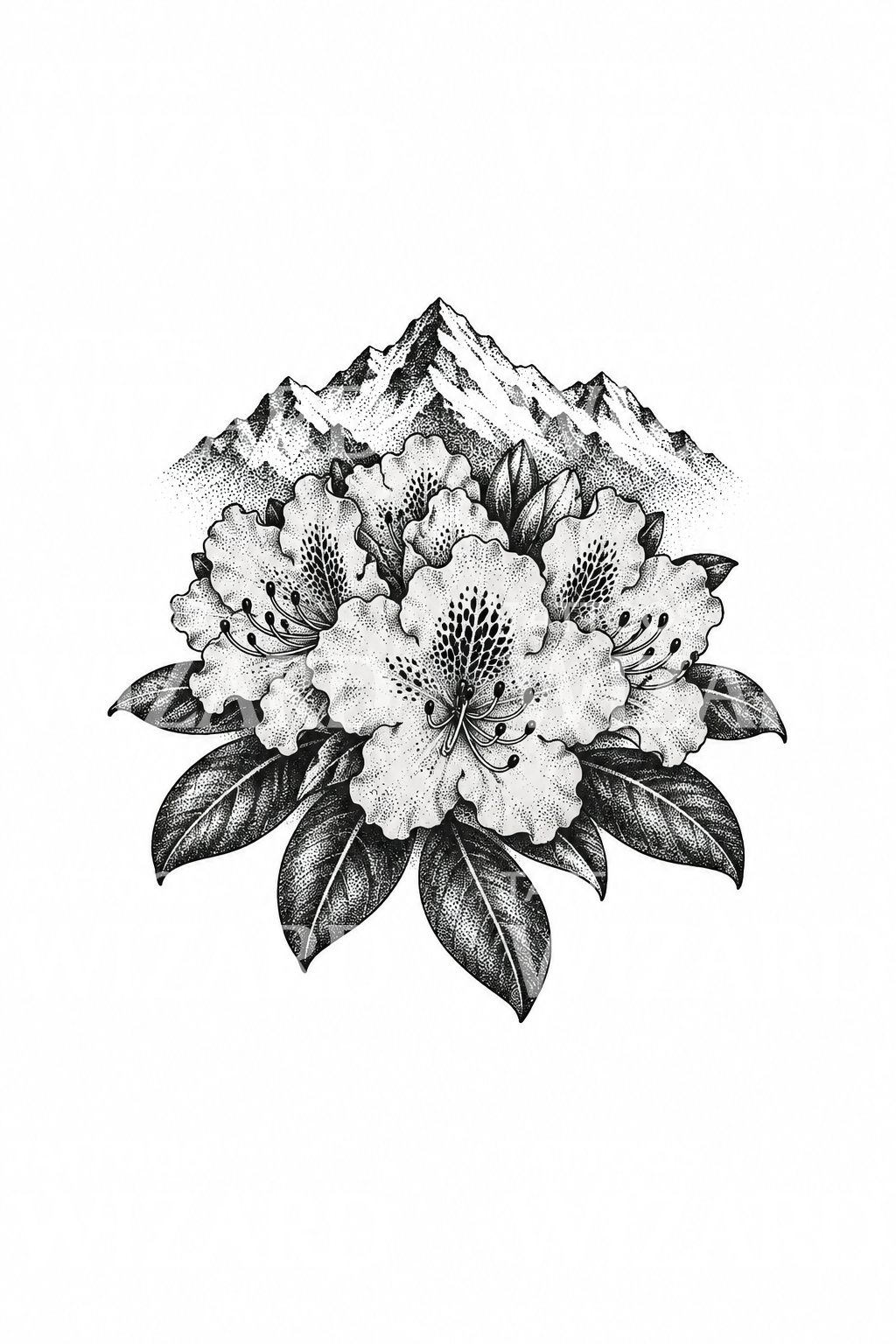 Dotwork-Tattoo mit Rhododendronblüten und Berggipfeln