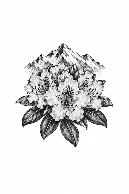 Dotwork-Tattoo mit Rhododendronblüten und Berggipfeln