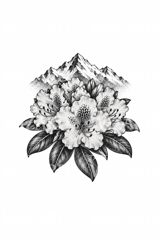Tato dotwork bunga rhododendron dan puncak gunung
