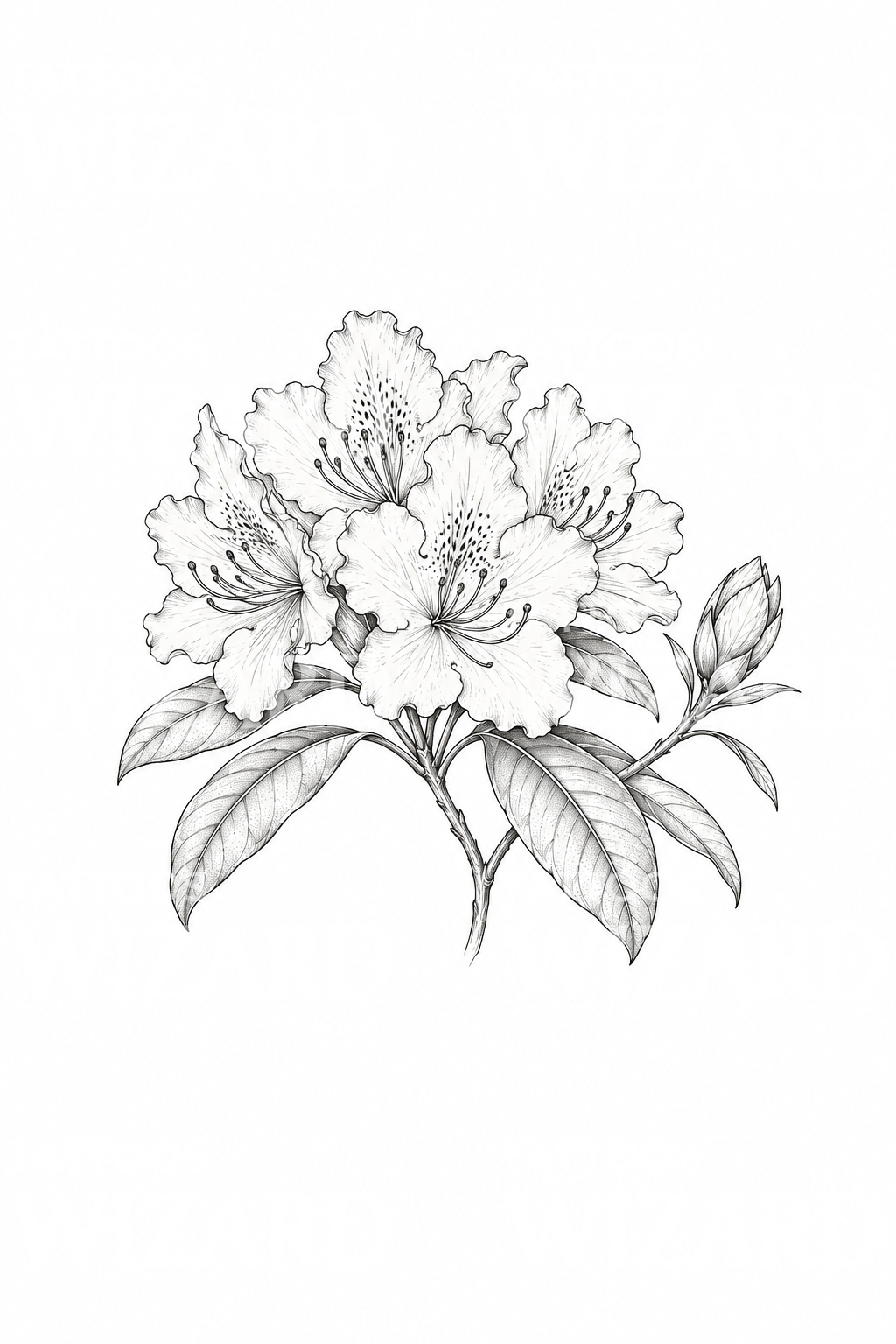 Desain tato garis halus rumpun rhododendron dengan satu kuncup