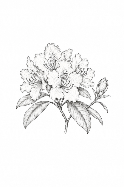 Desain tato garis halus rumpun rhododendron dengan satu kuncup