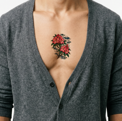 Japansk tatovering med rhododendron og bjergtåge