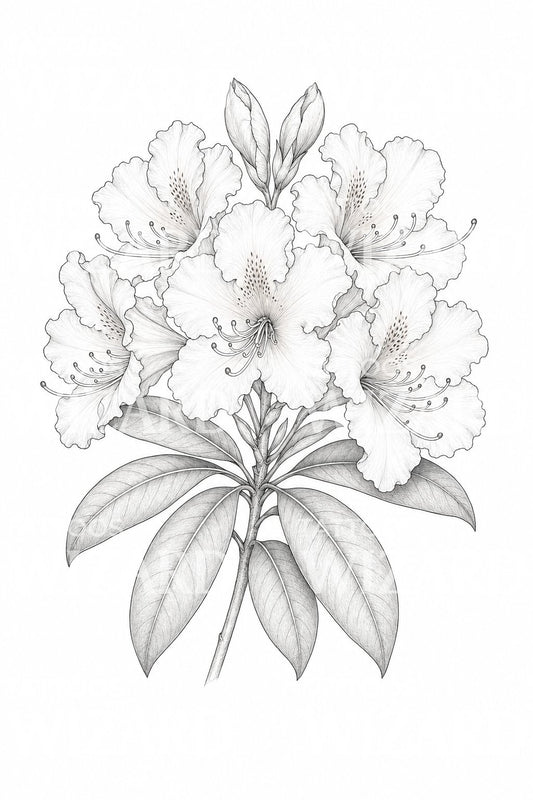 Finom vonalas rododendron virágzat tetoválásterv