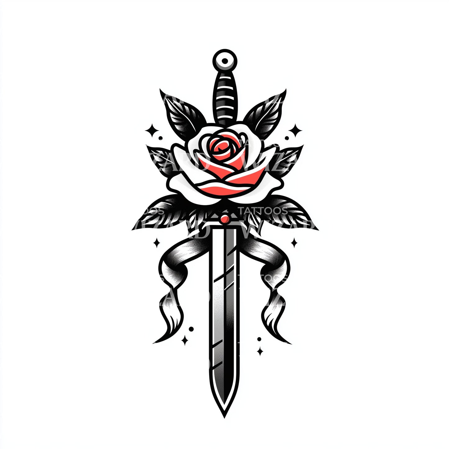 Ribbon Rose Knife Tattoo Design