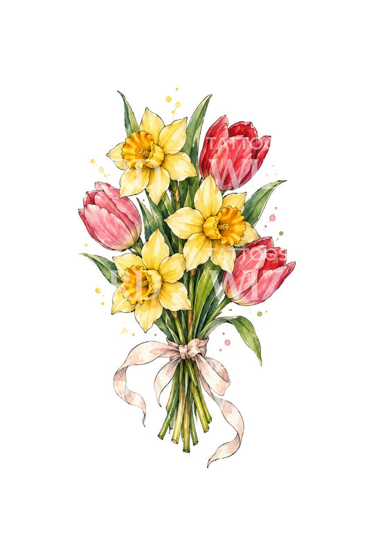 Tattoo di narcisi e tulipani rossi legati con un nastro