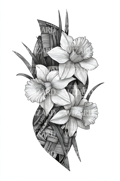 Idee voor tatoeage van een bosje narcis met linten