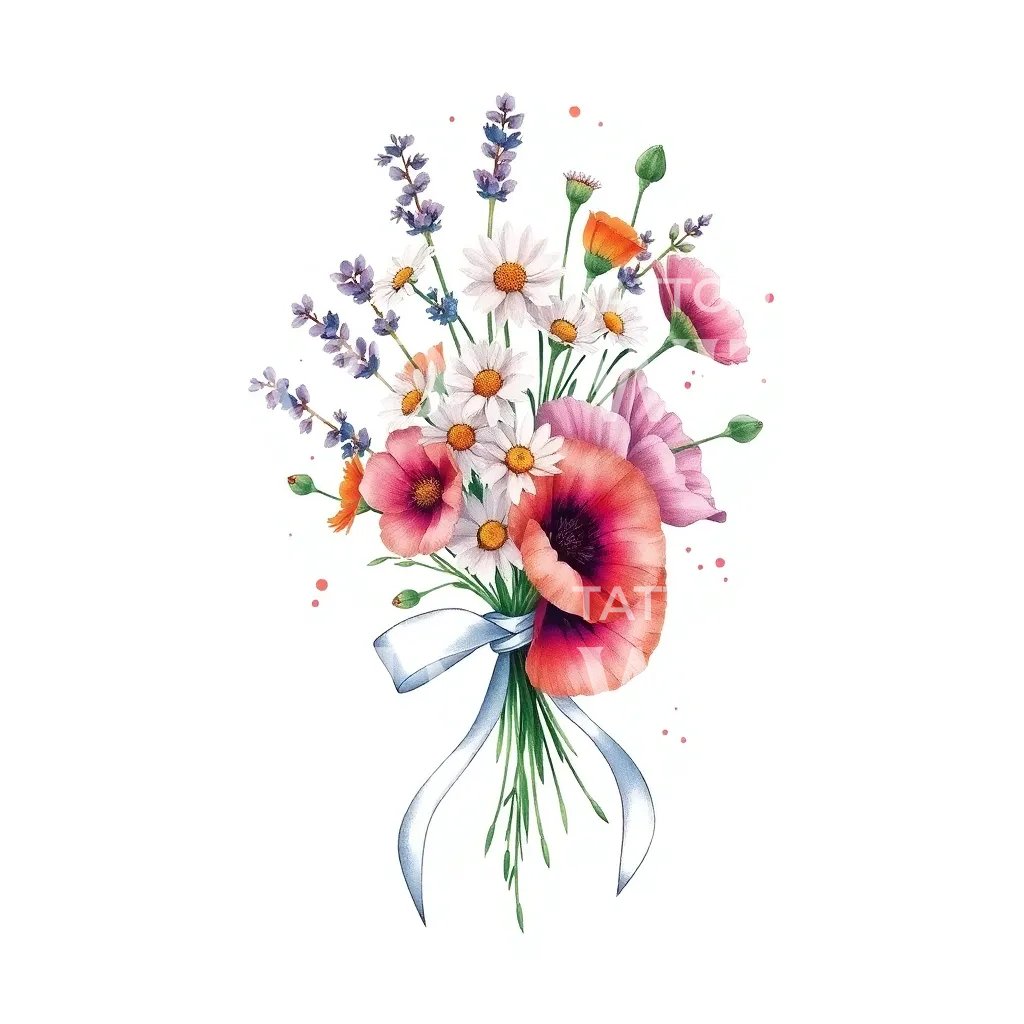 Ribboned Wildflower Bouquet Tattoo Illustration