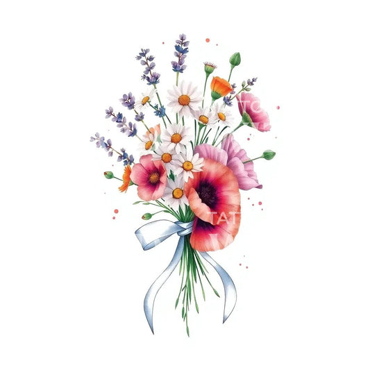 Ribboned Wildflower Bouquet Tattoo Illustration