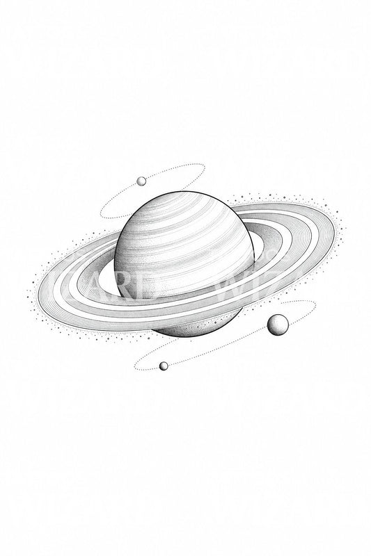 Tatoveringsdesign med Saturn med ringe og måner