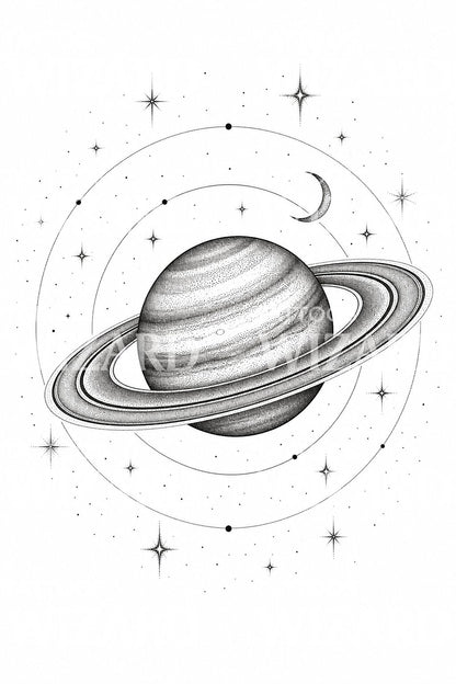 Ringed Saturn Dotwork Tattoo Design