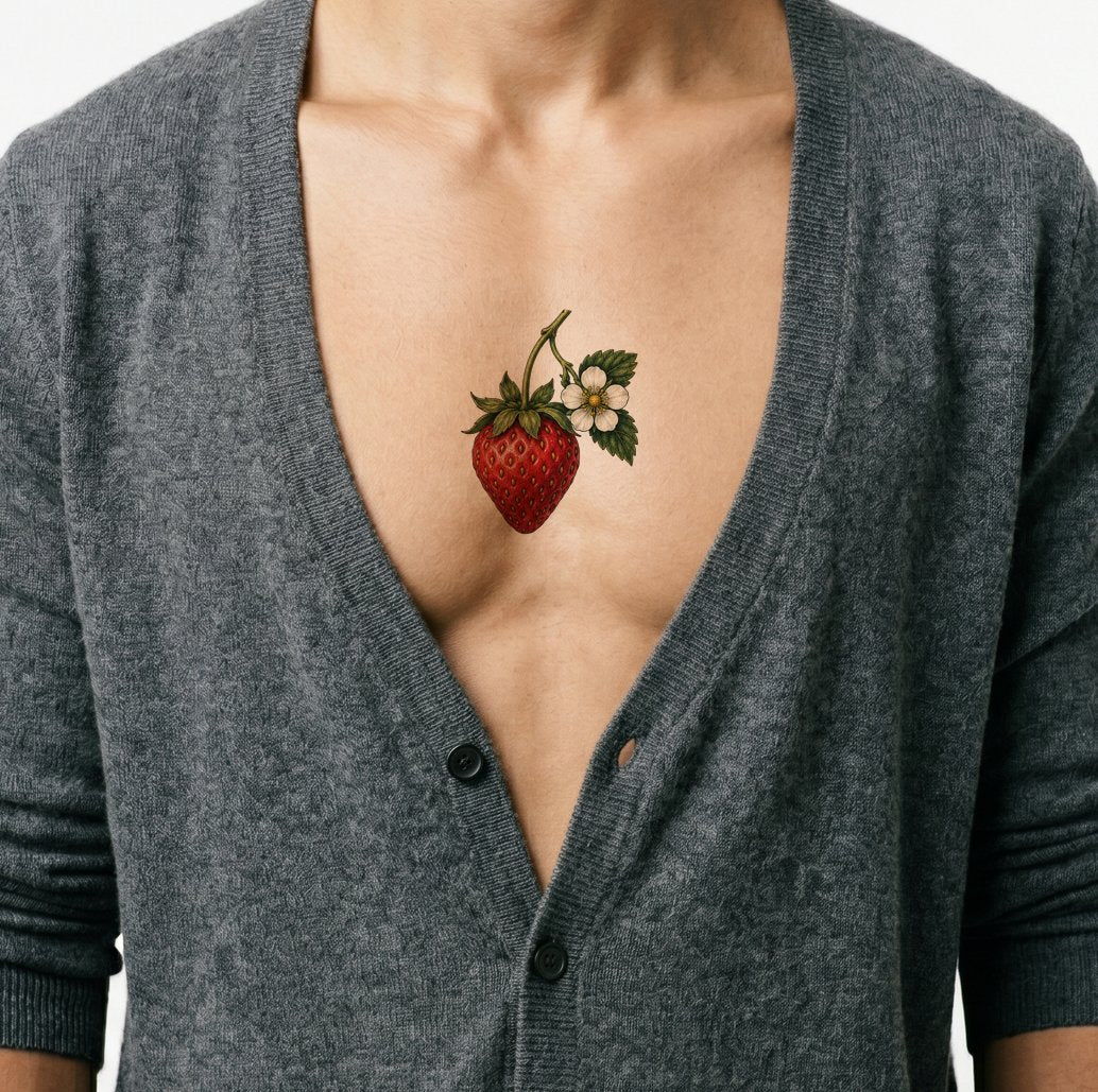Desain Tato Stroberi Matang dengan Bunga