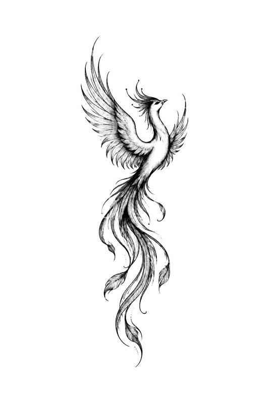 Ideia de tatuagem de fénix ascendente na coluna em fine line
