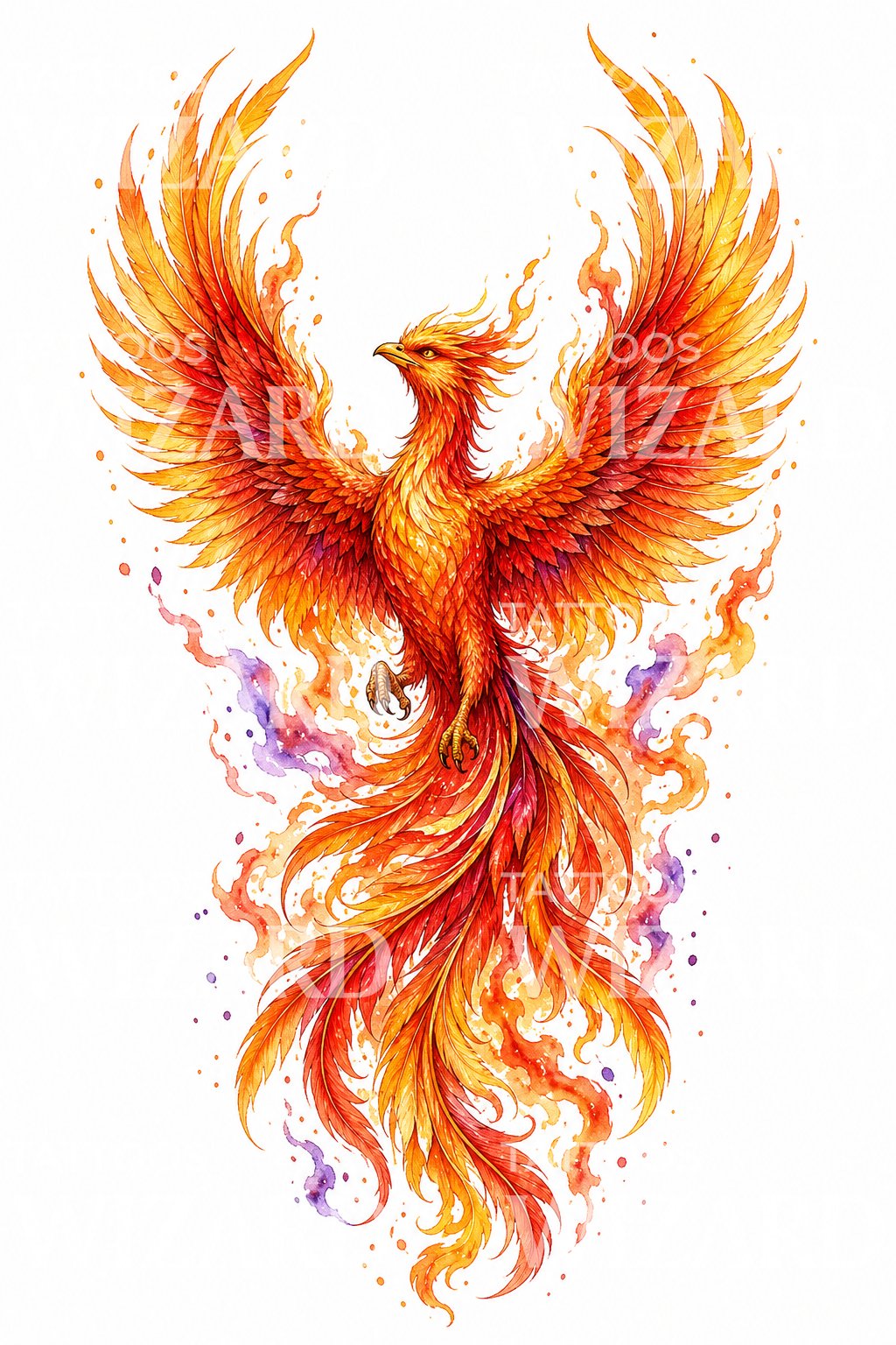 Tatueringsdesign med stigande fågel Fenix i lågor