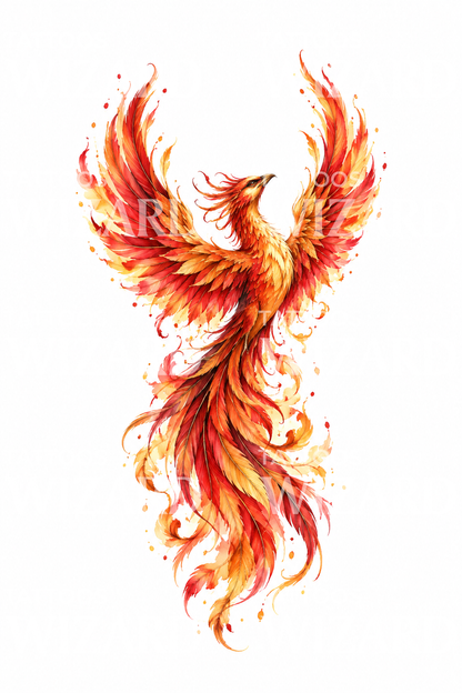 Tatueringsdesign med uppstigande fenix i röd och gyllene akvarell