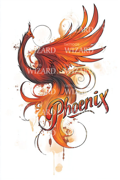 Rising Phoenix Script Tattoo Illustration