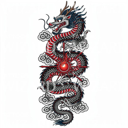 Tattoo-Design mit Drache der aufgehenden Sonne