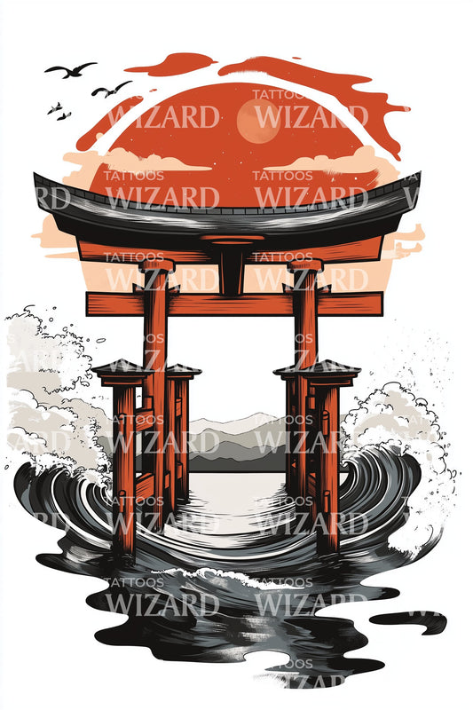 Rising Sun Torii Tattoo Illustration