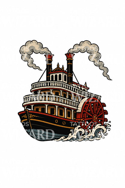 Tattoo-illustratie van een raderstoomboot op de rivier
