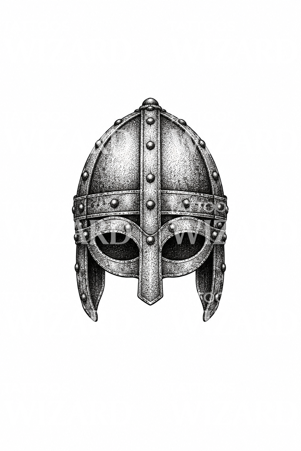 Tattoo-Idee für einen genieteten Wikingerhelm im Dotwork-Stil
