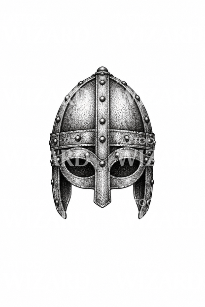 Tattoo-Idee für einen genieteten Wikingerhelm im Dotwork-Stil