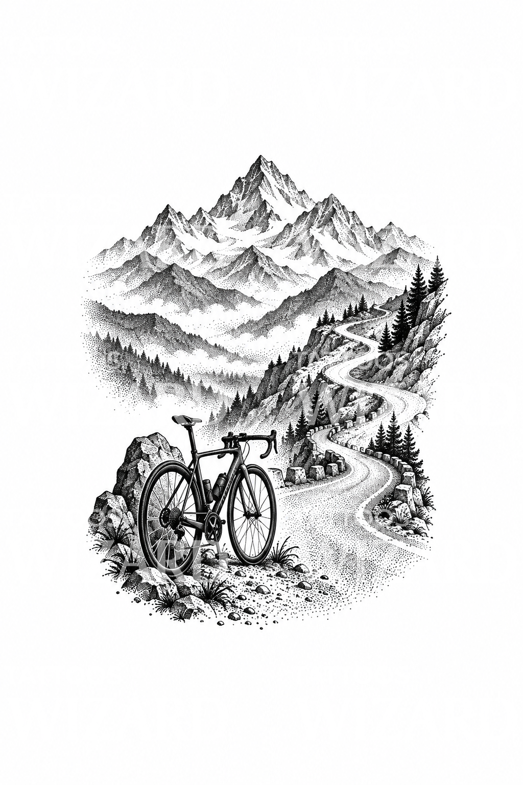 Road Bike at Winding Mountain Road Dotwork Tattoo Design