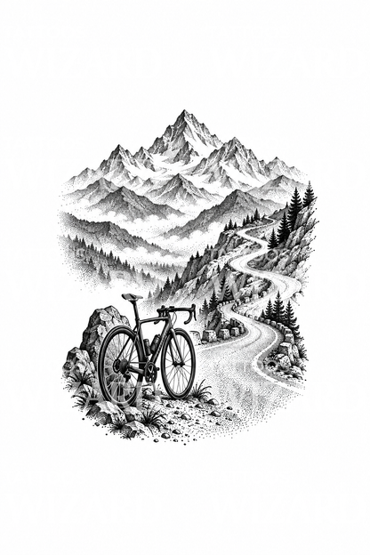 Road Bike at Winding Mountain Road Dotwork Tattoo Design