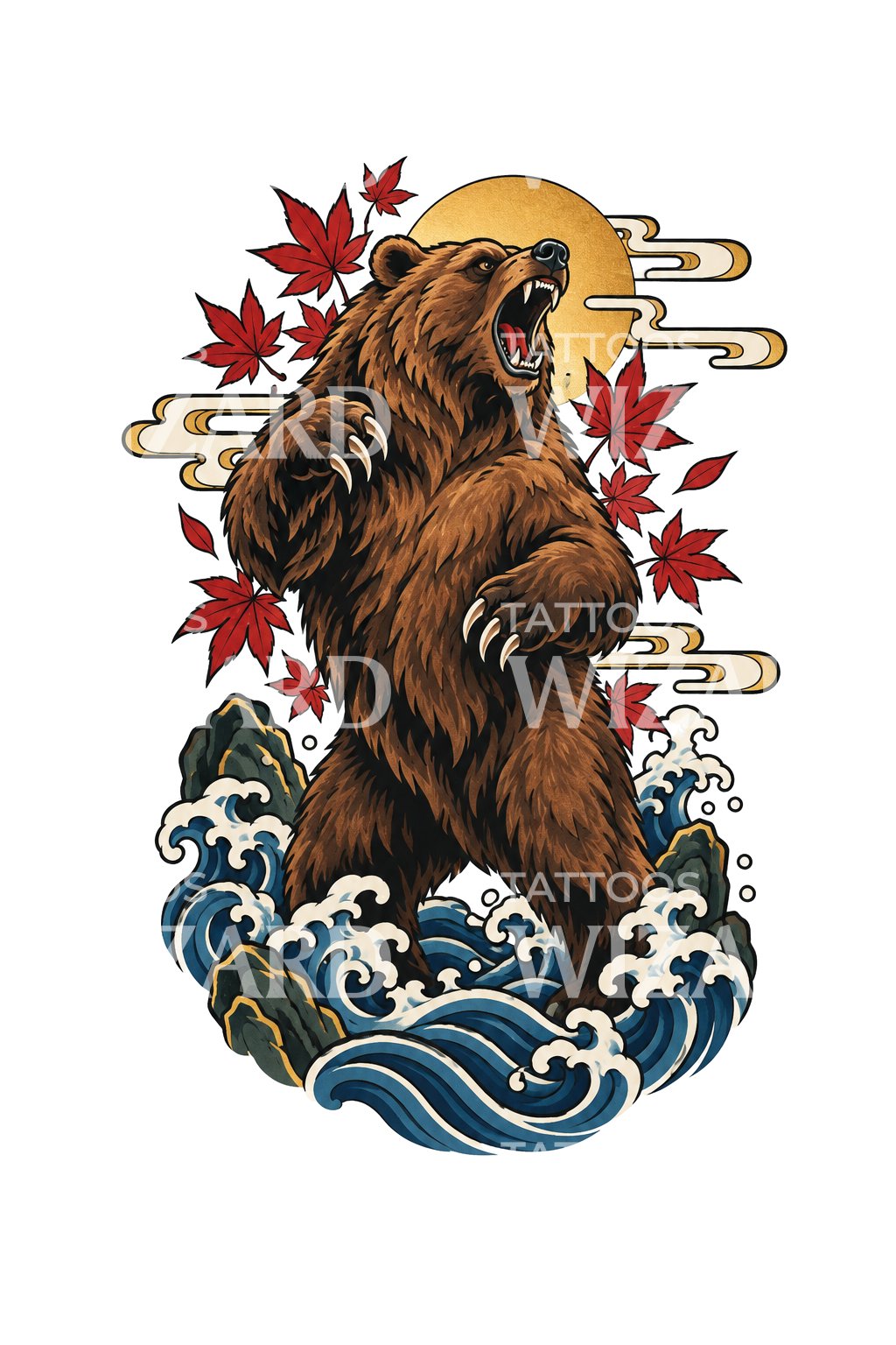 Roaring Bear Among Maple and Waves Tattoo Illustration