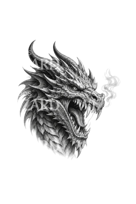 Realistisches Tattoo-Design eines brüllenden Drachenkopfes