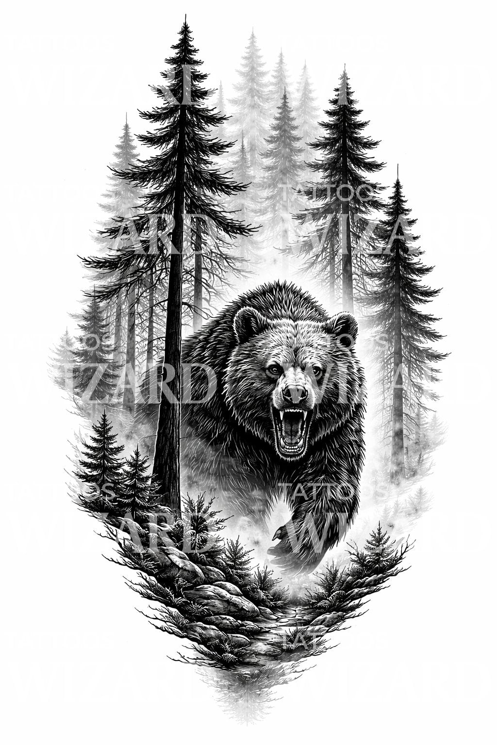 Roaring Forest Bear Tattoo Design