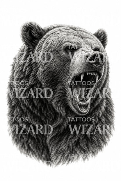 Roaring Grizzly Bear Black and Grey Tattoo Design