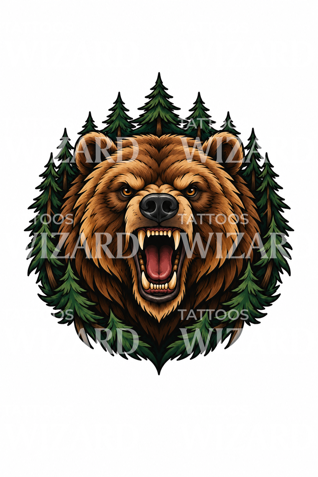 Tatovering av brølende grizzly i furuskog