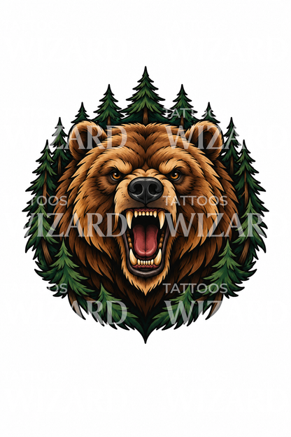 Tatovering av brølende grizzly i furuskog