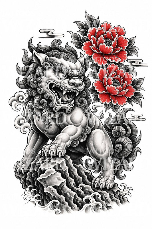 Tatoeageontwerp van brullende beschermende leeuwenhond