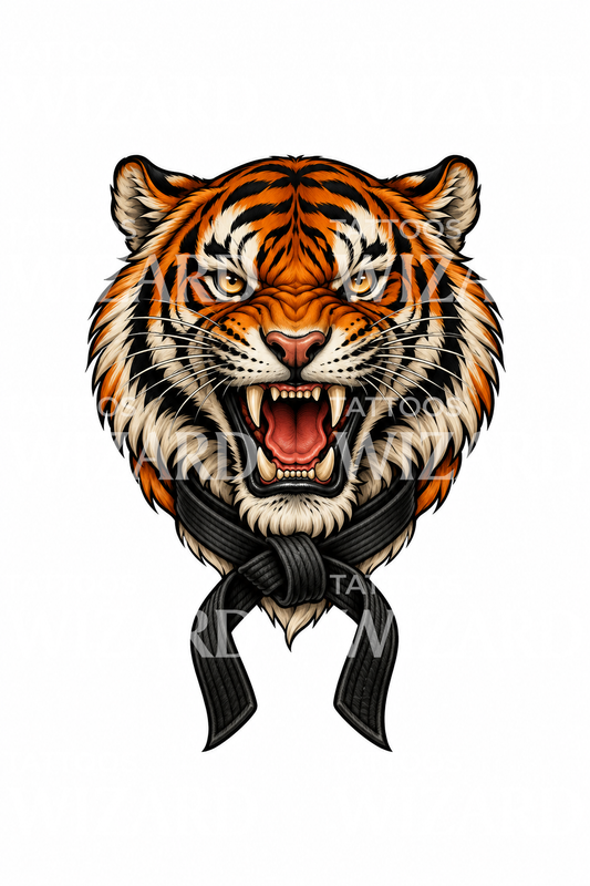Tattoo med brølende tiger og sort bælte