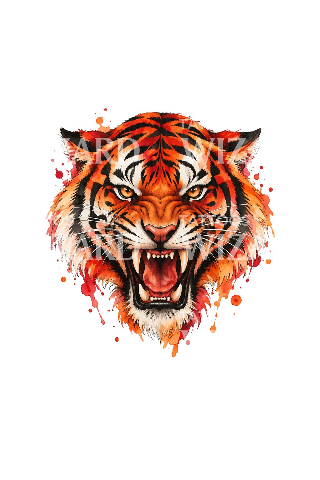 Roaring Tiger Fire Orange Watercolor Tattoo Illustration