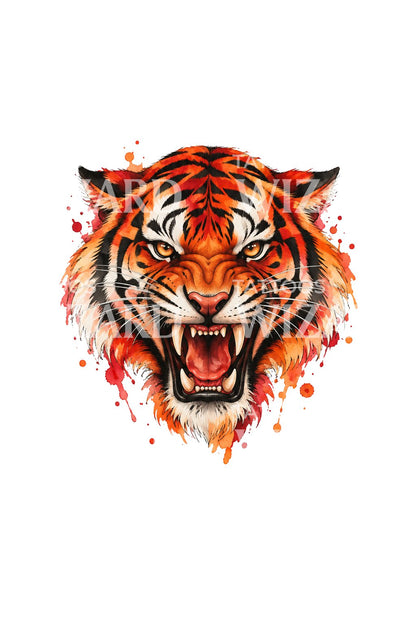 Roaring Tiger Fire Orange Watercolor Tattoo Illustration