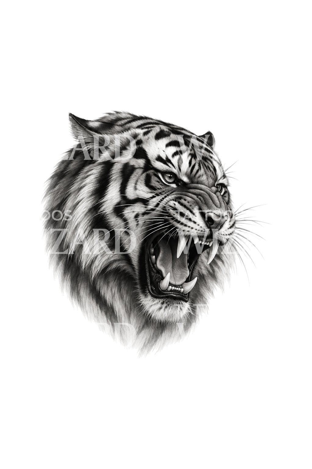 Black-and-grey tattoo-ontwerp van een brullende tijgerkop