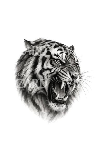 Black-and-grey tattoo-ontwerp van een brullende tijgerkop