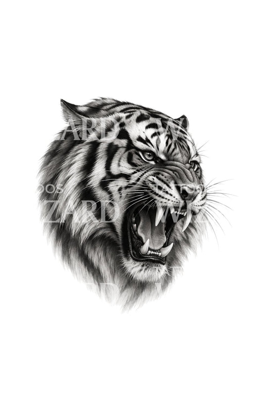 Diseño de tatuaje de cabeza de tigre rugiente en negro y gris