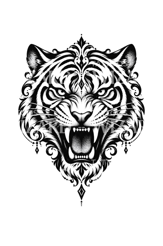Design de tatuagem blackwork ornamental com tigre a rugir