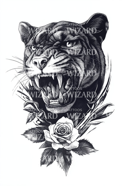 Diseño de tatuaje de rosa con tigre rugiente