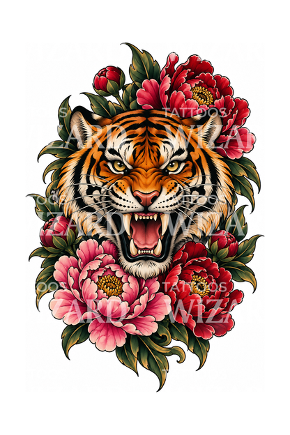 Harimau Mengaum dengan Peony Merah Muda, Tato Neo-Tradisional