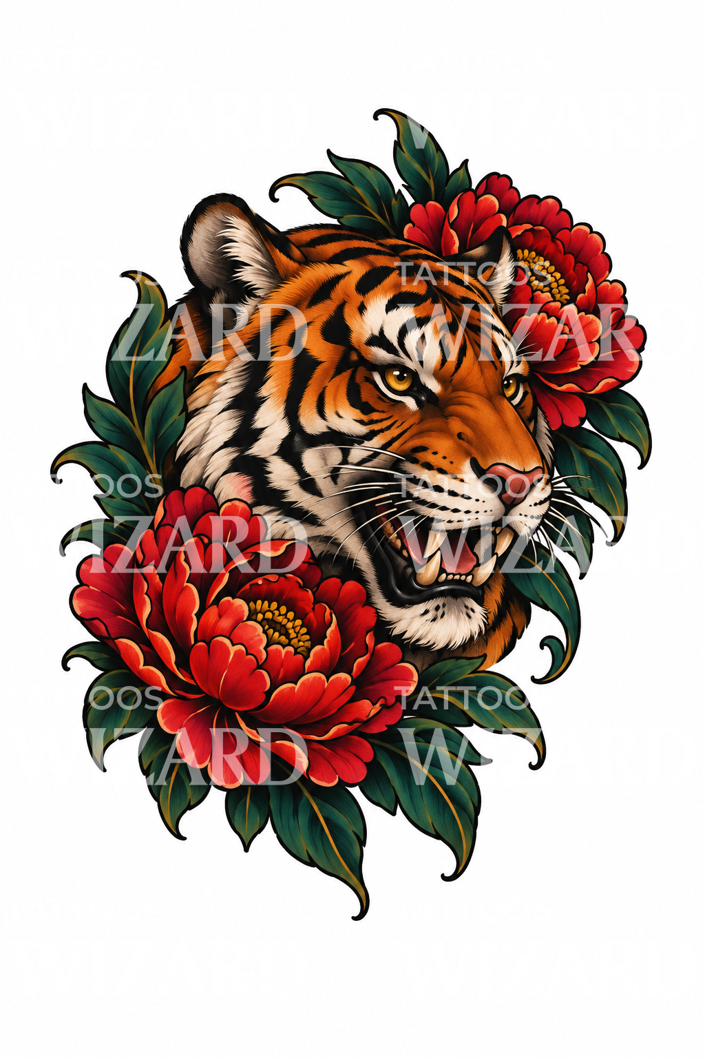 Roaring Tiger with Red Peonies Tattoo Design