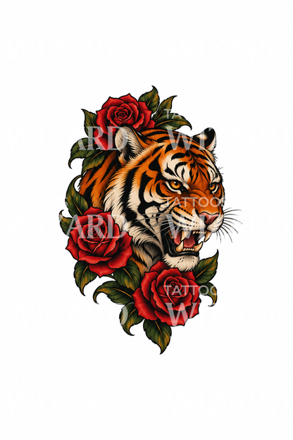 Tato Harimau Mengaum dengan Mawar Merah