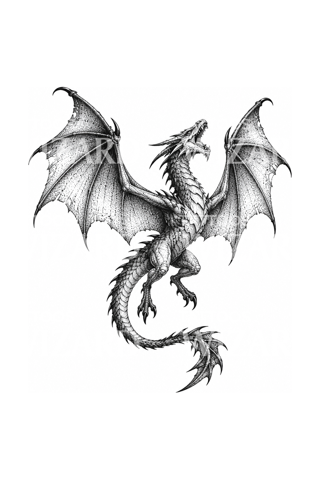 Viverna ruggente con ali spiegate in dotwork