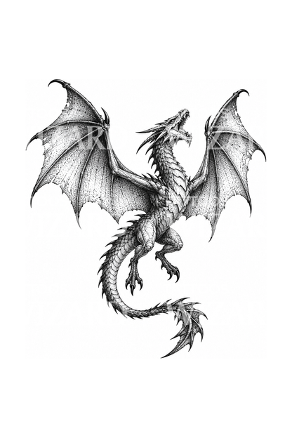 Viverna ruggente con ali spiegate in dotwork