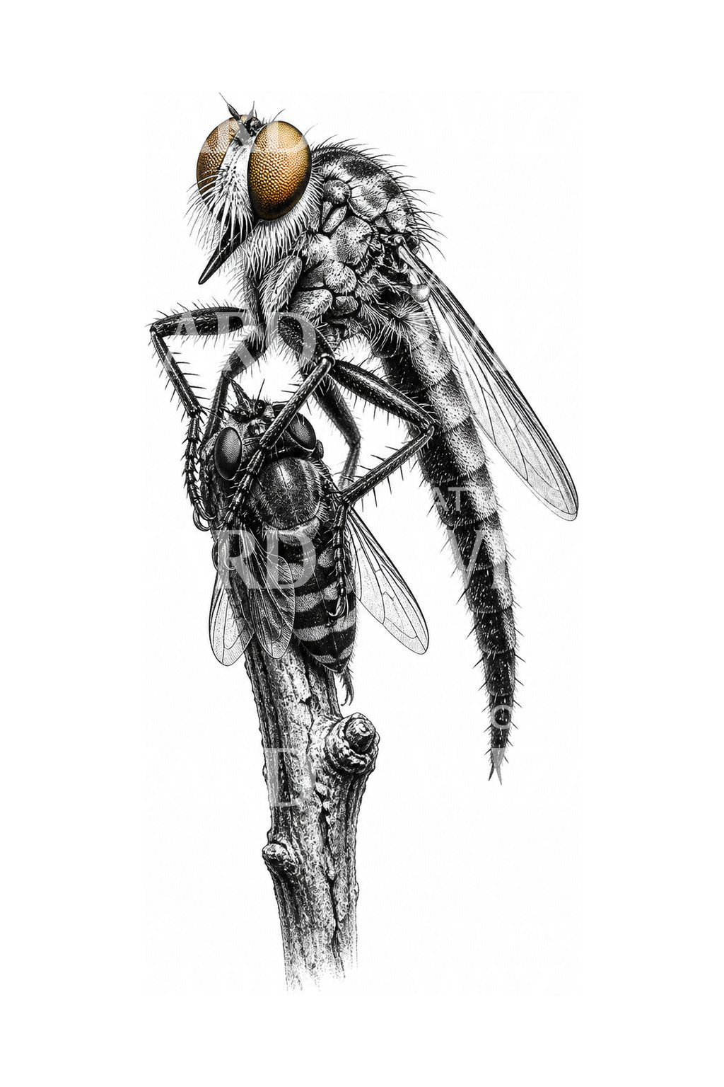 Diseño de tatuaje de mosca asesina con presa