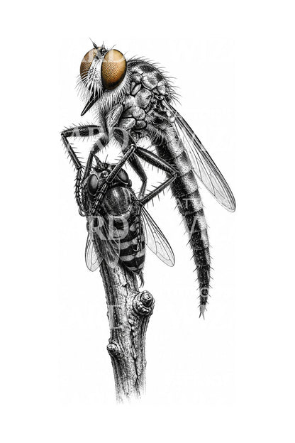 Diseño de tatuaje de mosca asesina con presa