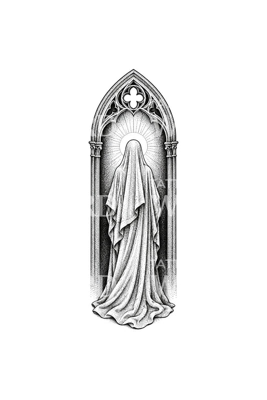 Diseño de tatuaje de la Virgen María con túnica mirando a la luz